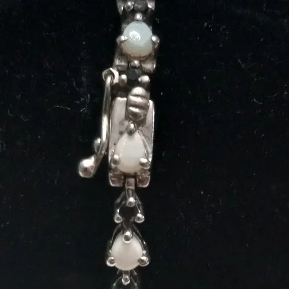 Sterling Silver Bracelet with Opals and Blue Rhinestones - Picture 12 of 14